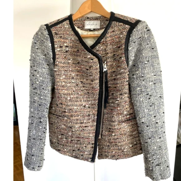 Sandro Tweed Boucle Leather Trim Collarless Moto Jacket - Picture 9 of 13